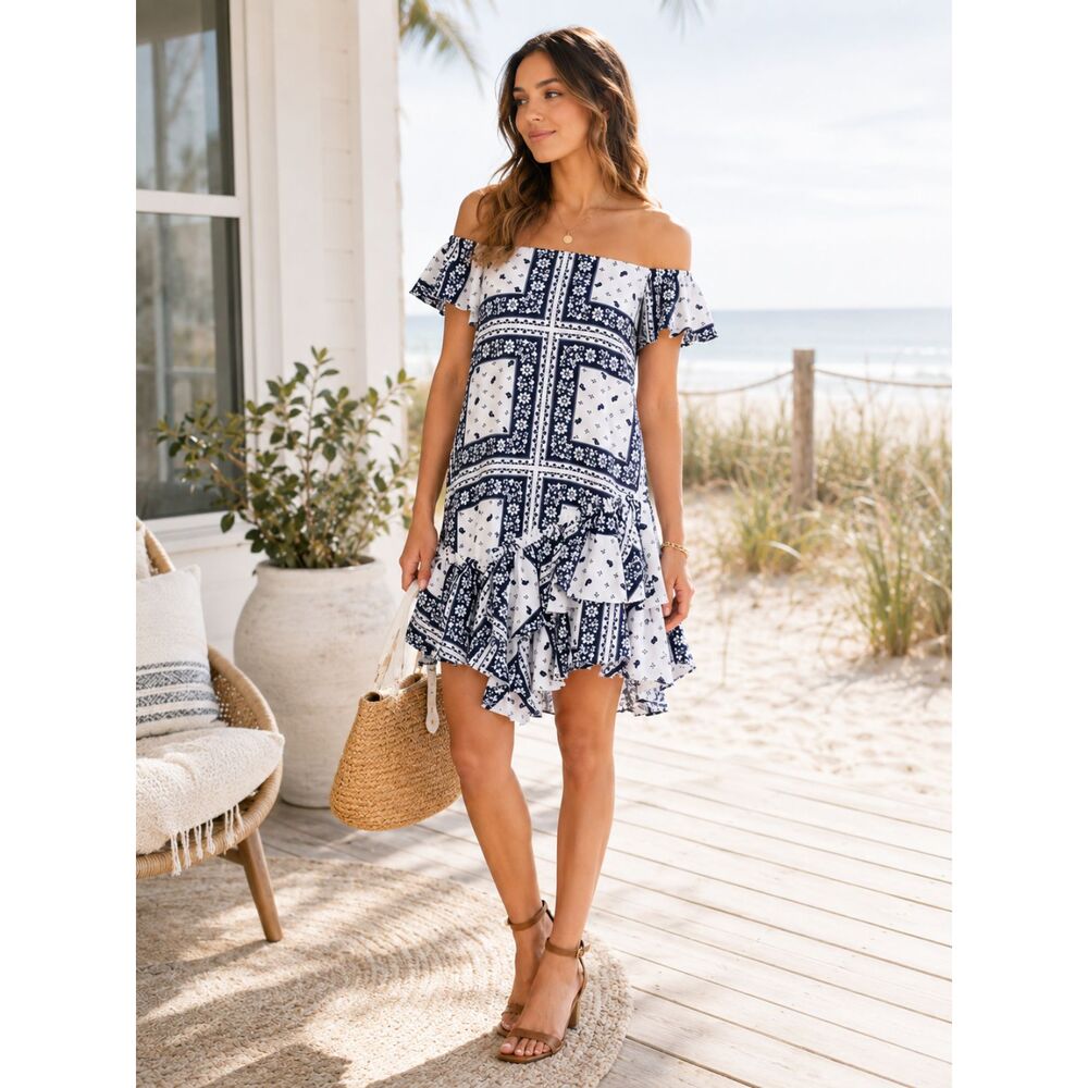 Cinq à Sept Minella Off Shoulder Mini Dress Blue White Paisley Ruffle Size 6